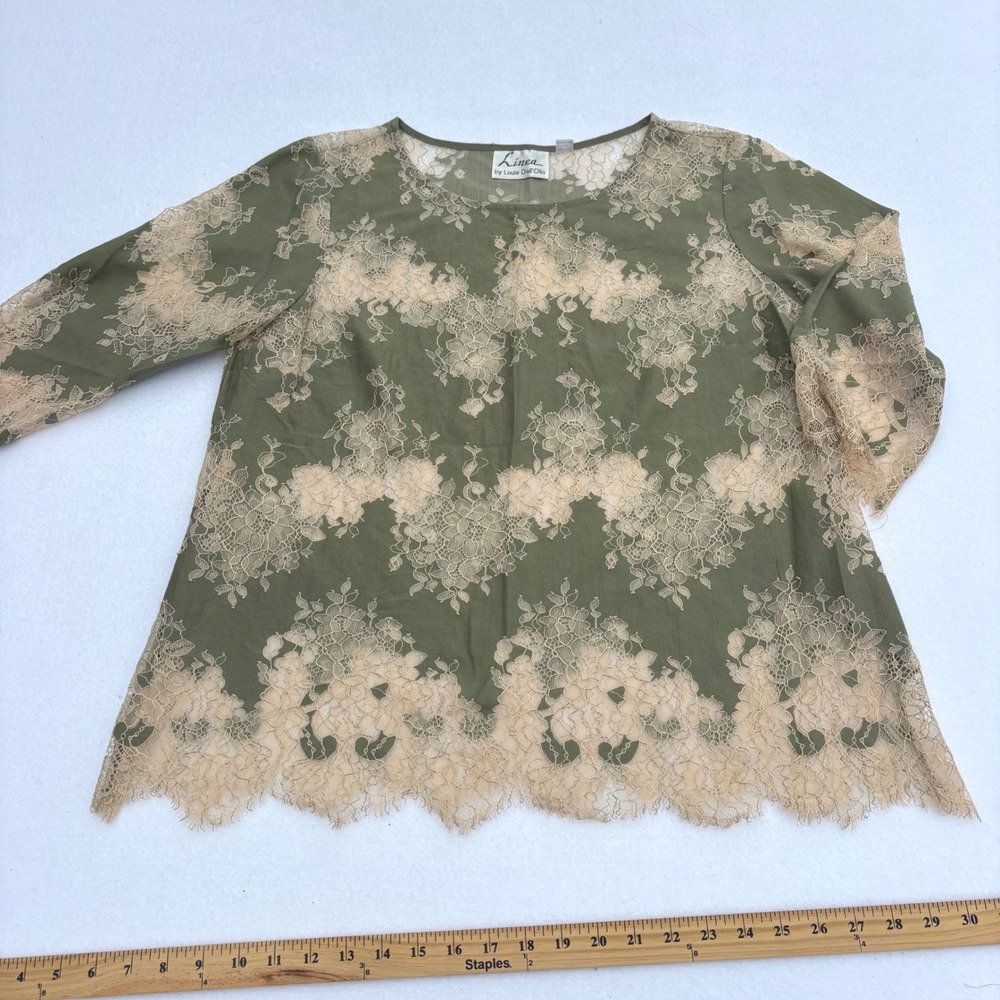 Linea by Louis Dell'Olio Women Olive Green Floral Lace Blouse Size 12 Top